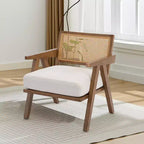 Fauteuil Acekool, dossier en rotin, pieds en bois, coussins épais, fauteuil de salon, chambre ou balcon, lin beige ou flanelle teddy