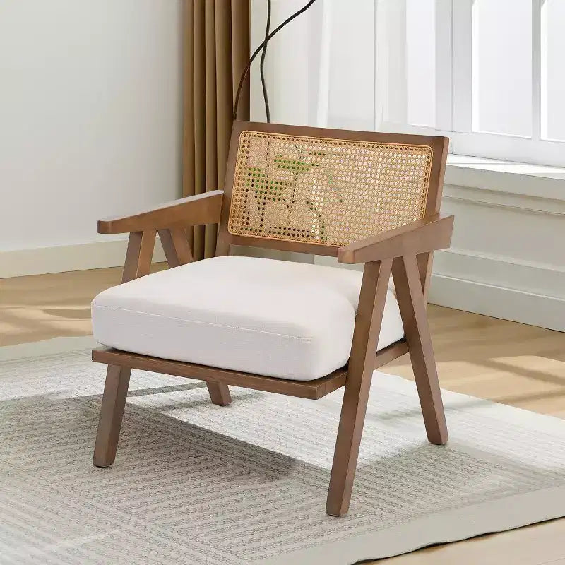 Fauteuil Acekool, dossier en rotin, pieds en bois, coussins épais, fauteuil de salon, chambre ou balcon, lin beige ou flanelle teddy