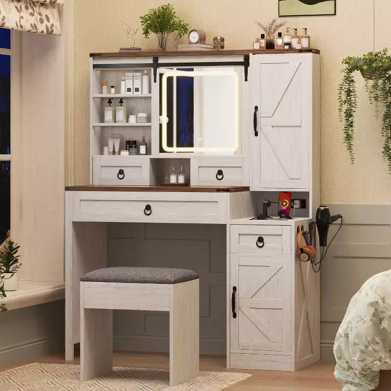 Coiffeuse de ferme avec miroir coulissant à LED, 4 tiroirs et 2 armoires, station de charge, plateau en verre et armoire latérale pour chambre à coucher