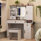 Coiffeuse de ferme avec miroir coulissant à LED, 4 tiroirs et 2 armoires, station de charge, plateau en verre et armoire latérale pour chambre à coucher