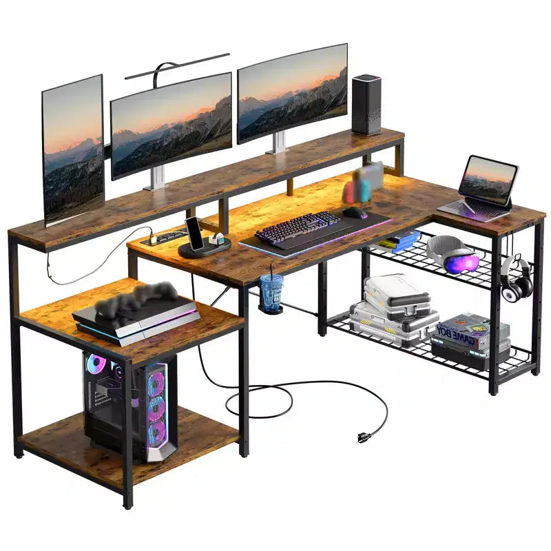 Bureau de gamer Bestier 71,5 pouces avec prise de courant, bureau d'ordinateur en L avec support d'écran, table de gamer d'angle avec étagère réglable et crochet pour casque