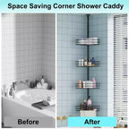 Étagère d'angle de salle de bain, étagère réglable à quatre niveaux, étagère de douche antirouille, support de baignoire autoportant, avec tringle télescopique