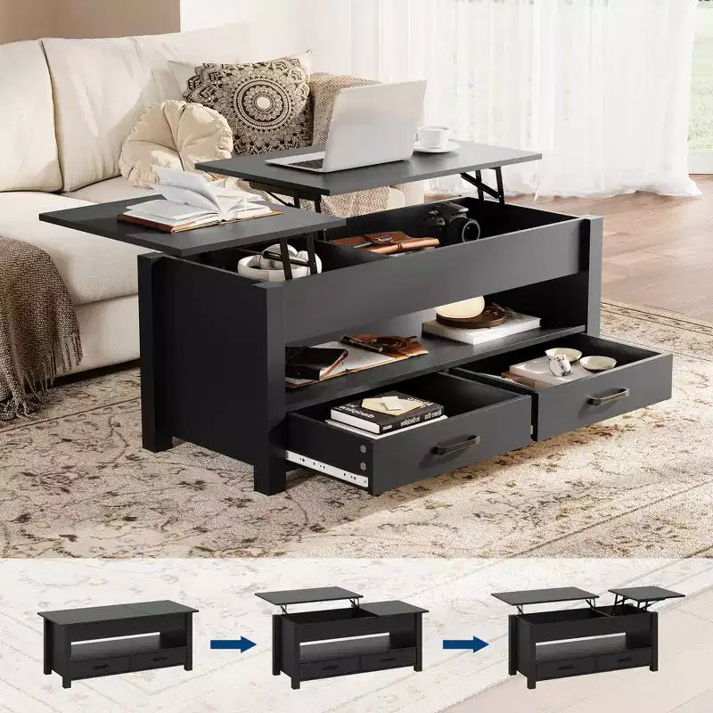 Table basse double de 120 cm de hauteur réglable, marron, avec tiroirs de rangement ; table de canapé réglable en hauteur à deux parties avec étagères cachées.