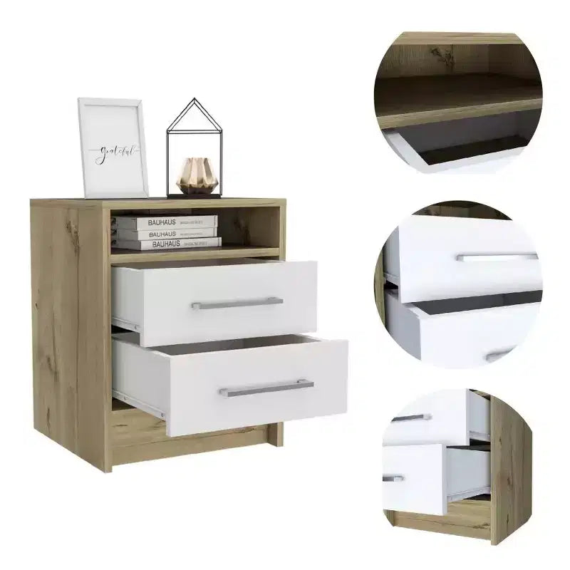 Avec son design épuré et moderne, cette table de chevet Eter, table d'appoint, table d'appoint supérieure, deux tiroirs - Blanc / Chêne clair offre un rangement pratique.