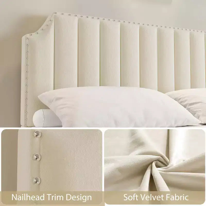 Cadre de lit en velours, tête et pied de lit matelassés à rayures verticales avec rivets, lit plateforme rembourré, lattes en bois robustes