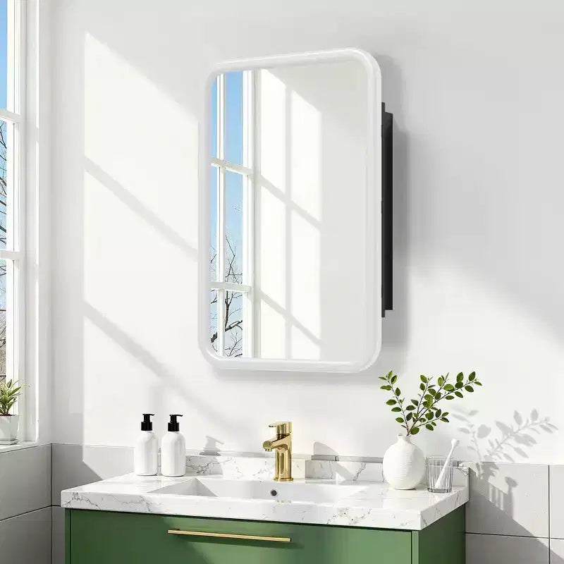 Armoire à pharmacie murale rectangulaire arrondie en fer forgé blanc de 19,5 x 29,64 pouces avec miroir pour salle de bain